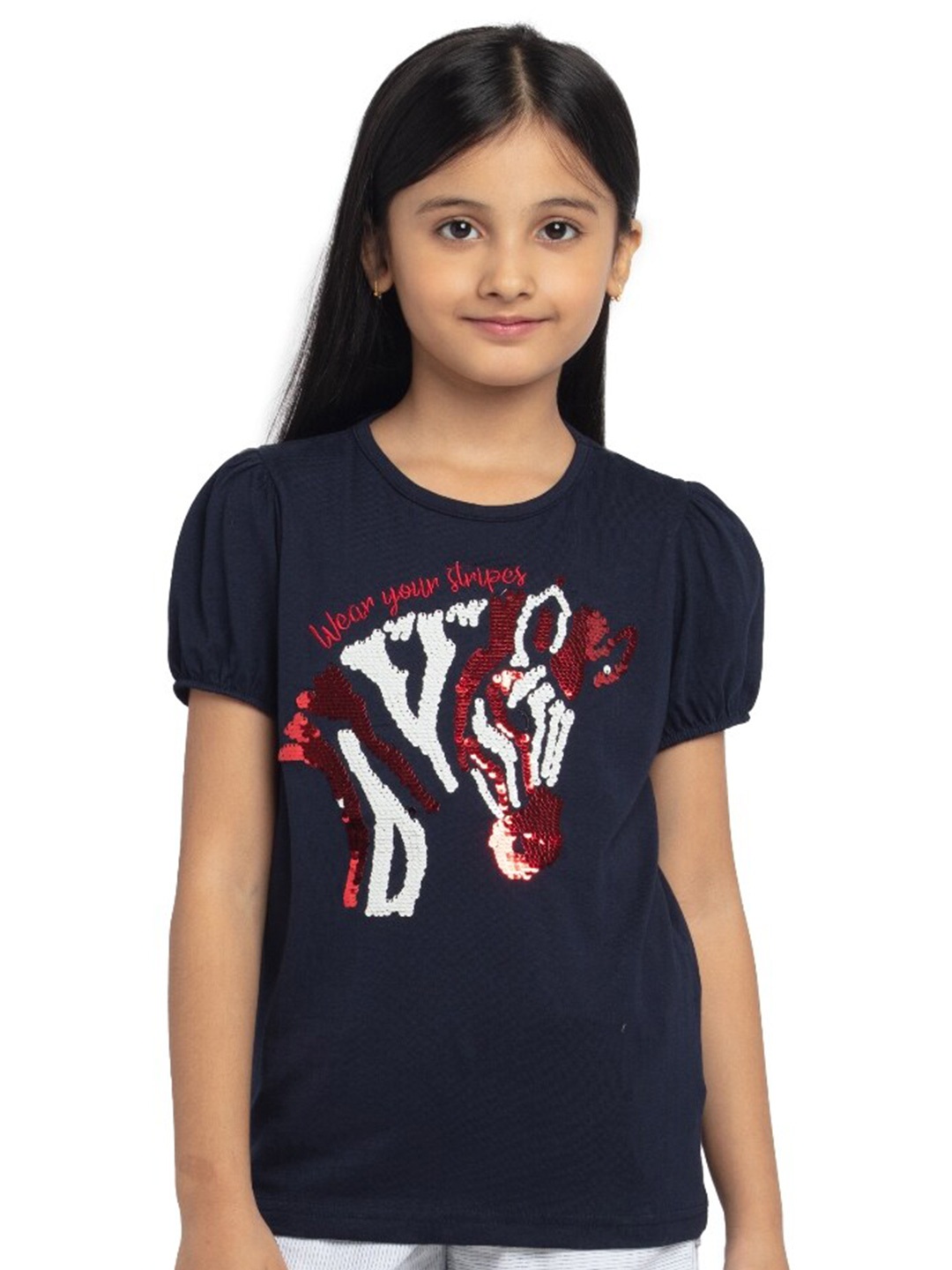 

UNDER FOURTEEN ONLY Girls Navy Blue & Red Embellished Pure Cotton Print Top