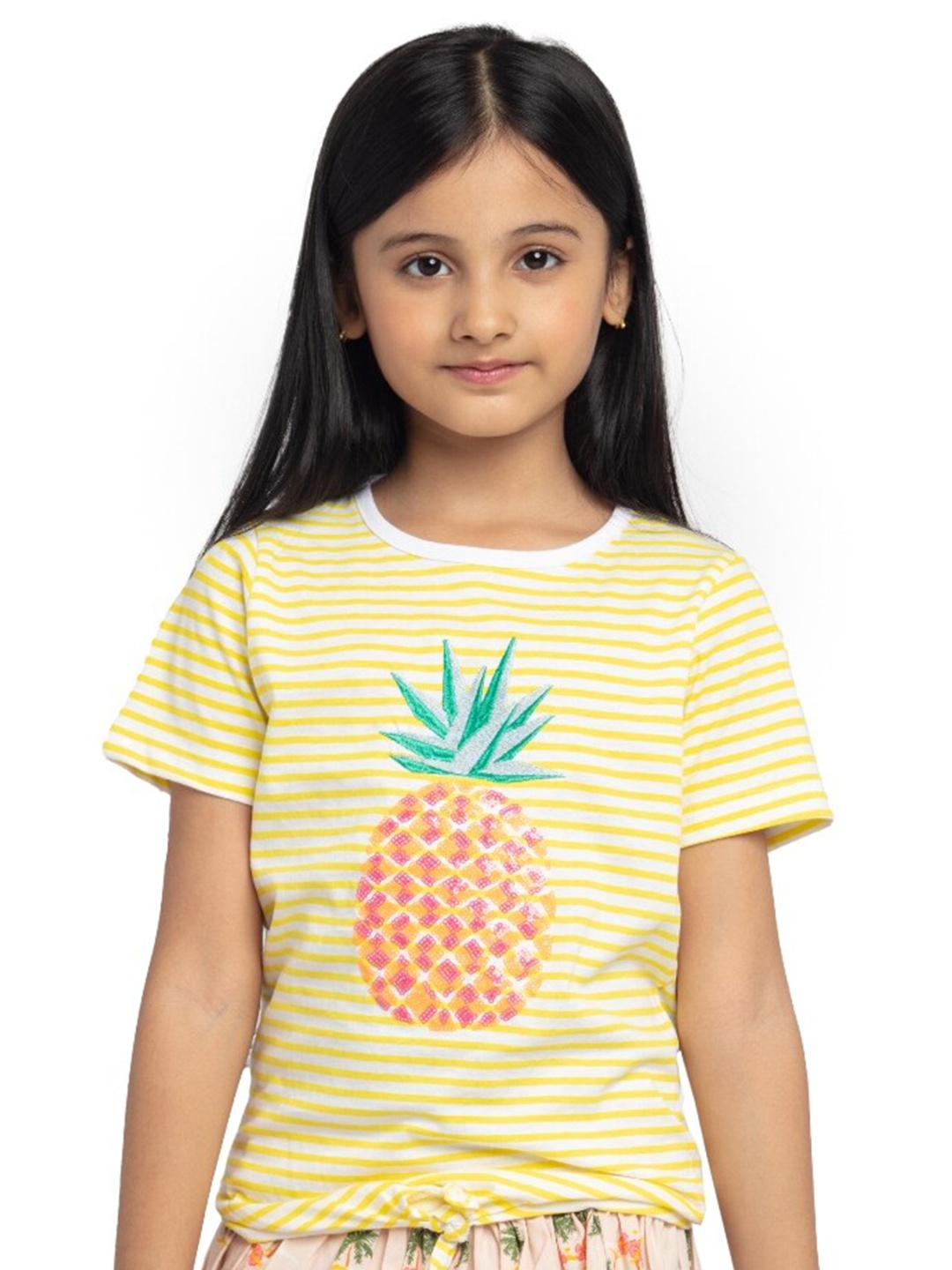 

UNDER FOURTEEN ONLY Girls Yellow & White Pure Cotton Print Top