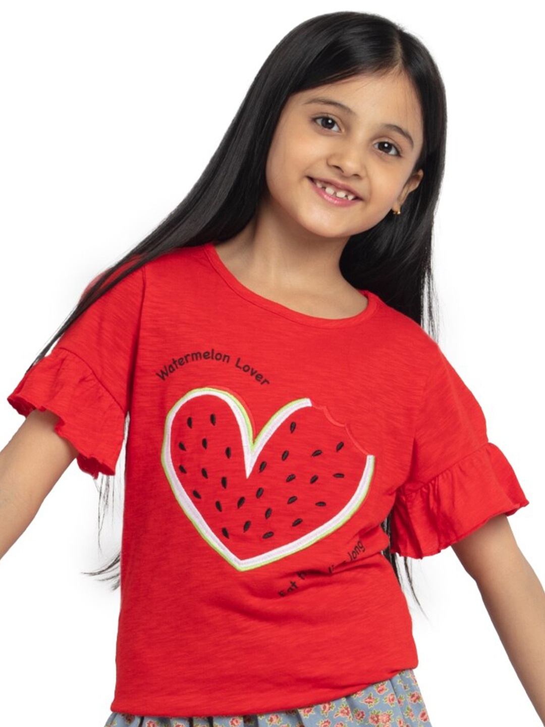 

UNDER FOURTEEN ONLY Girls Red Print Bell Sleeves Pure Cotton Top