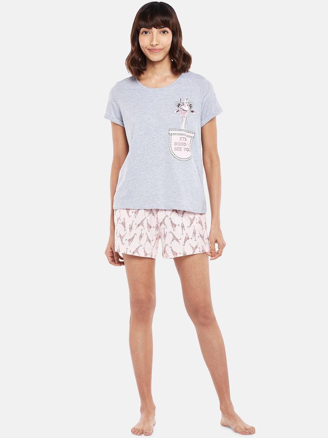 

Dreamz by Pantaloons Women Grey Melange & Pink Printed Pure Cotton Night suit