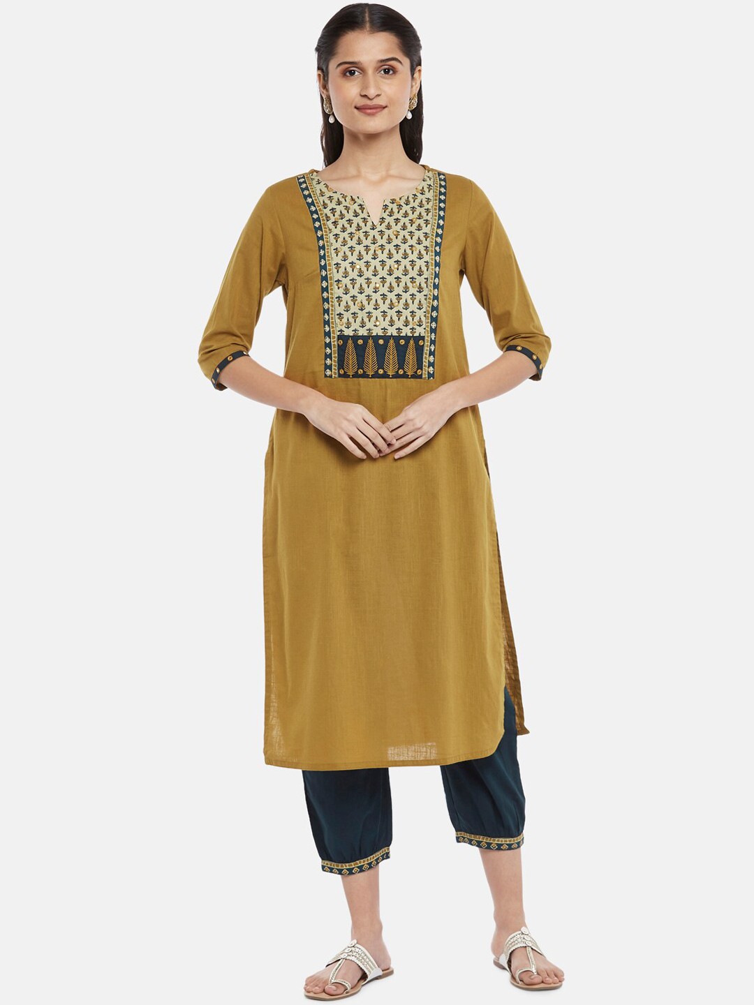 

RANGMANCH BY PANTALOONS Ethnic Yoke Design Pure Cotton Kurta With Trousers & Dupatta, Mustard