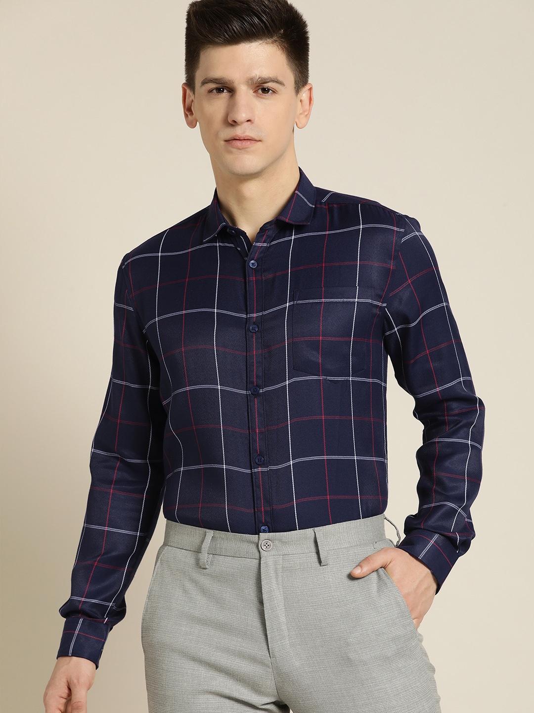 

INVICTUS Men Navy Blue Slim Fit Windowpane Checks Smart Casual Shirt