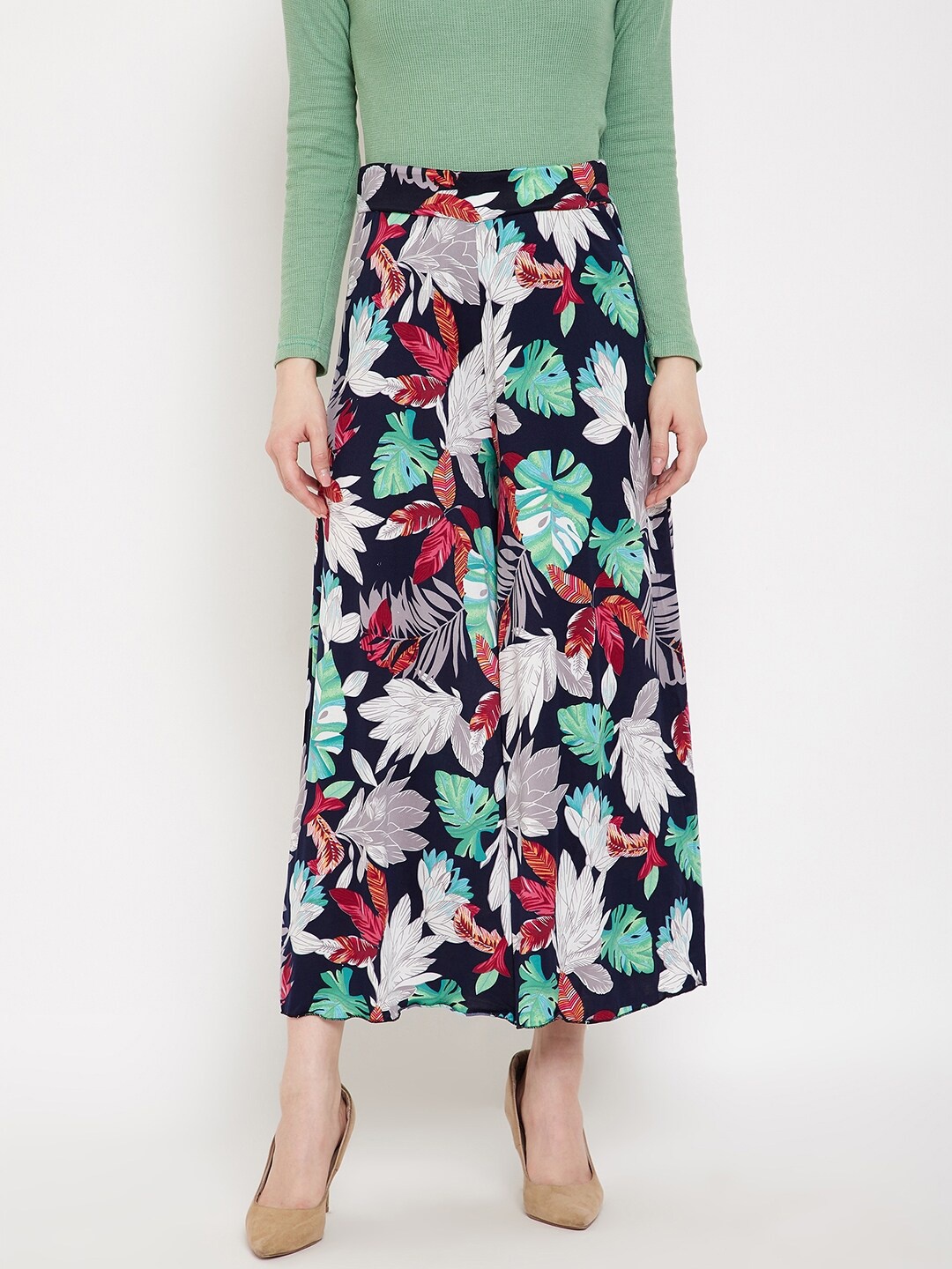 

Camey Women Green & Blue Floral Printed Flared Knitted Palazzos