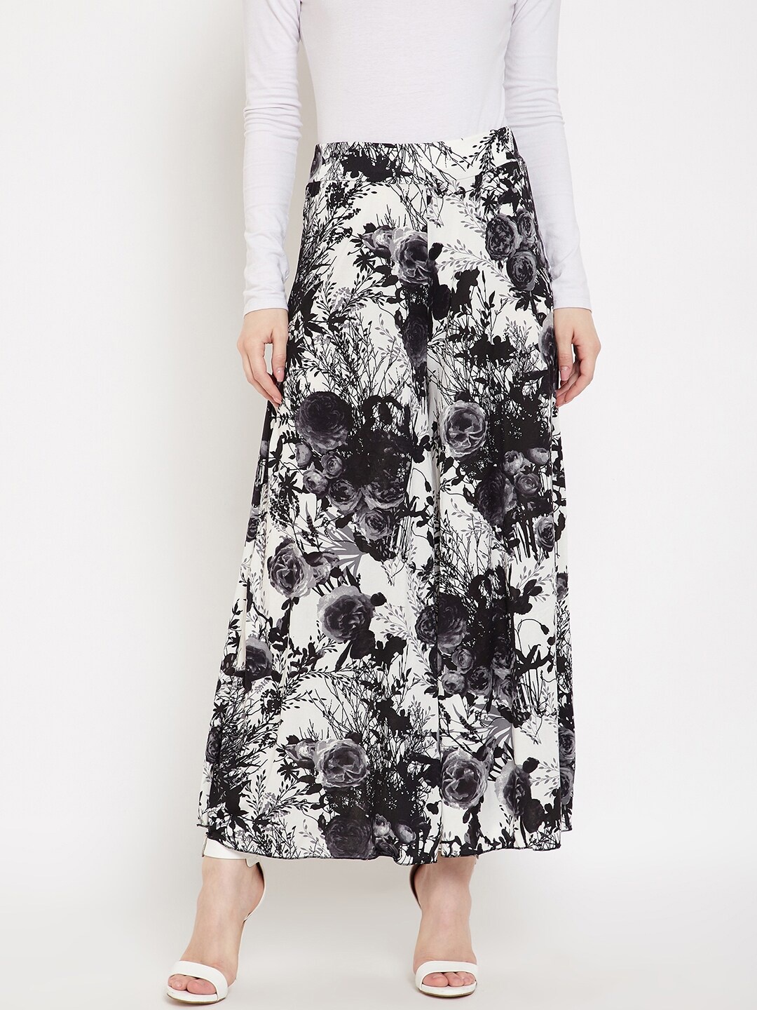 

Camey Women Black & White Floral Printed Flared Knitted Palazzos