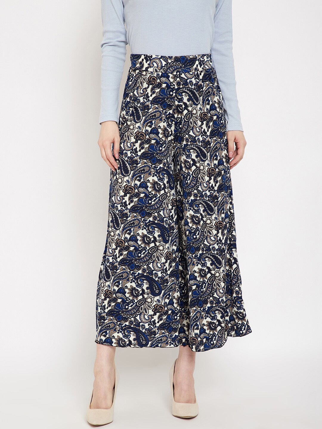 

Camey Women Blue & White Ethnic Motifs Printed Flared Knitted Palazzos