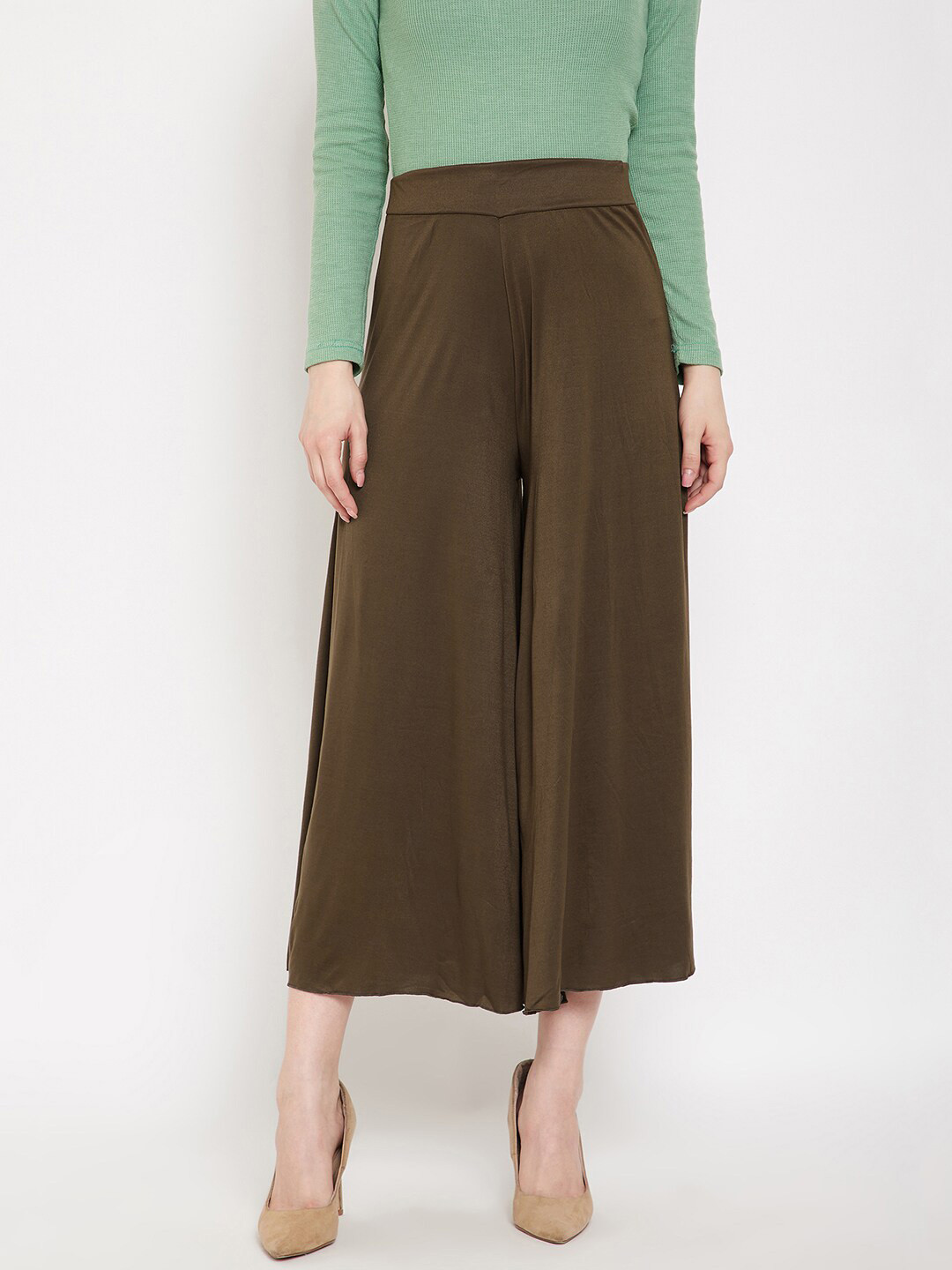 

Camey Women Olive Green Solid Regular Fit Knitted Palazzos