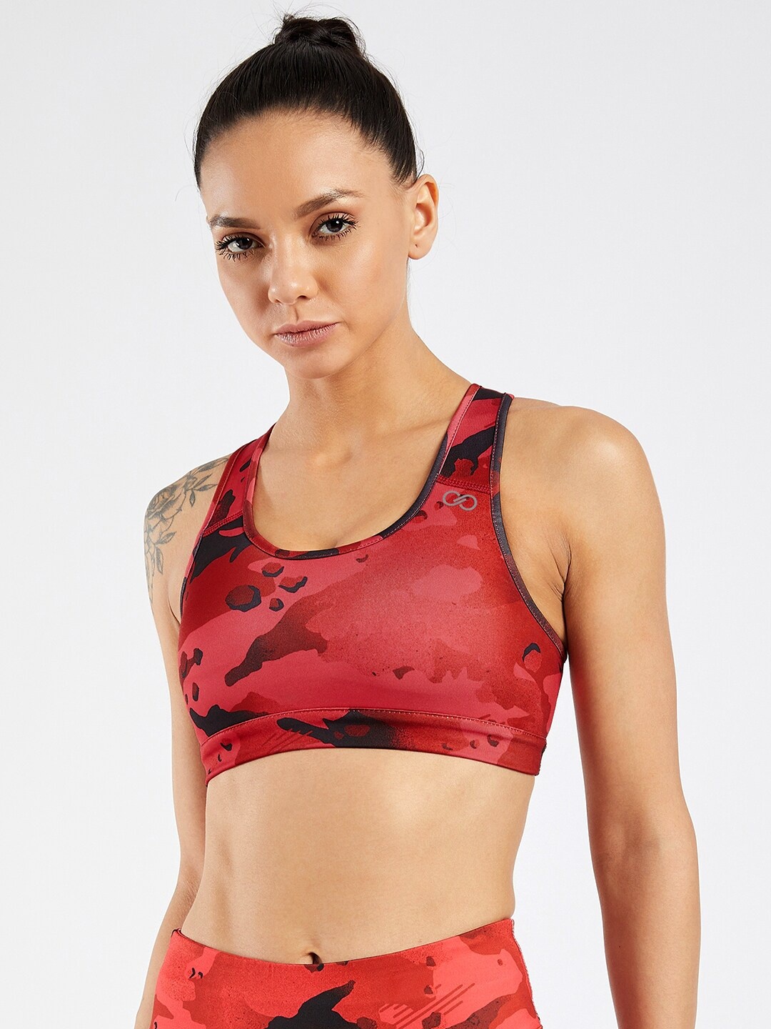 

CREEZ Red & Black Abstract Rapid-Dry Anti-Microbial Sports Bra