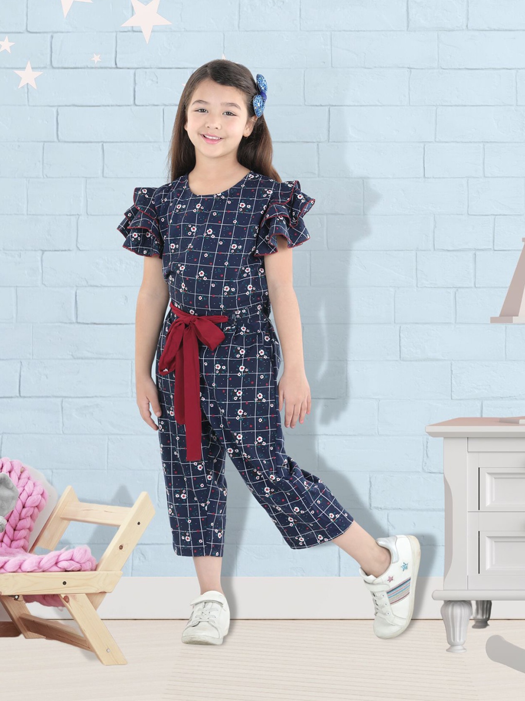 

Cutiekins Girls Navy Blue & Red Printed Capri Jumpsuit with Ruffles