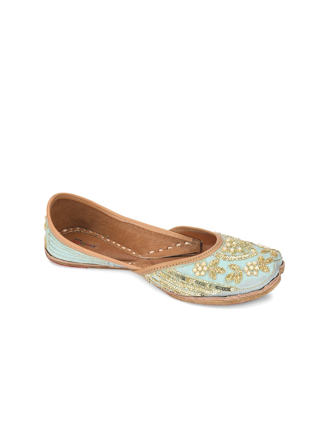 

DESI COLOUR Women Blue Embellished Leather Ethnic Mojaris Flats