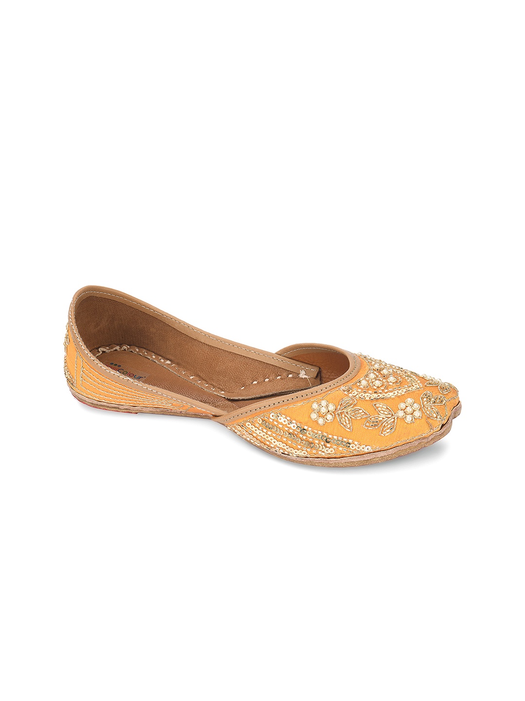 

DESI COLOUR Women Mustard Embellished Leather Ethnic Mojaris Flats