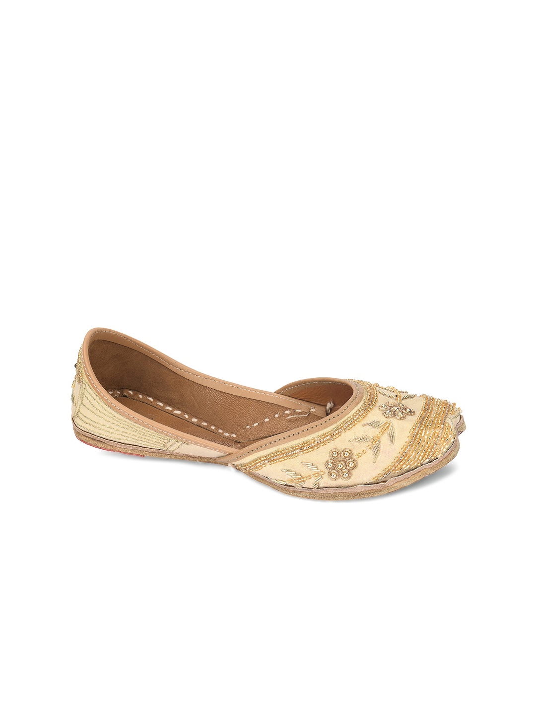 

DESI COLOUR Women Gold-Toned Embellished Leather Ethnic Mojaris Flats