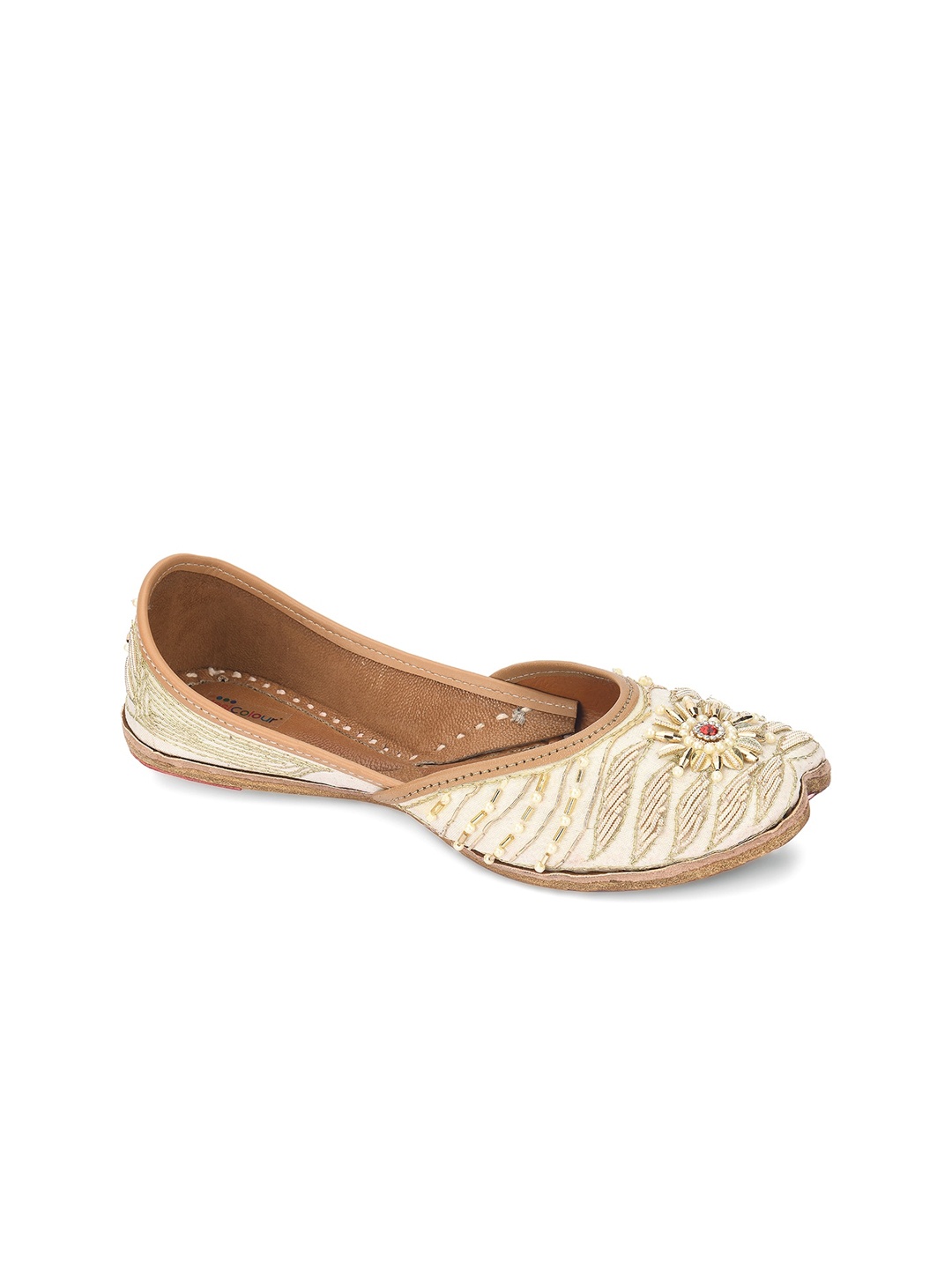 

DESI COLOUR Women Off White Embellished Leather Ethnic Mojaris Flats