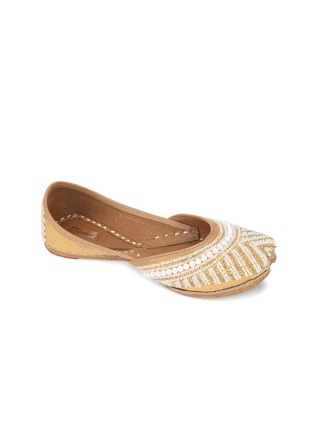 

DESI COLOUR Women Gold-Toned Embellished Leather Ethnic Mojaris Flats