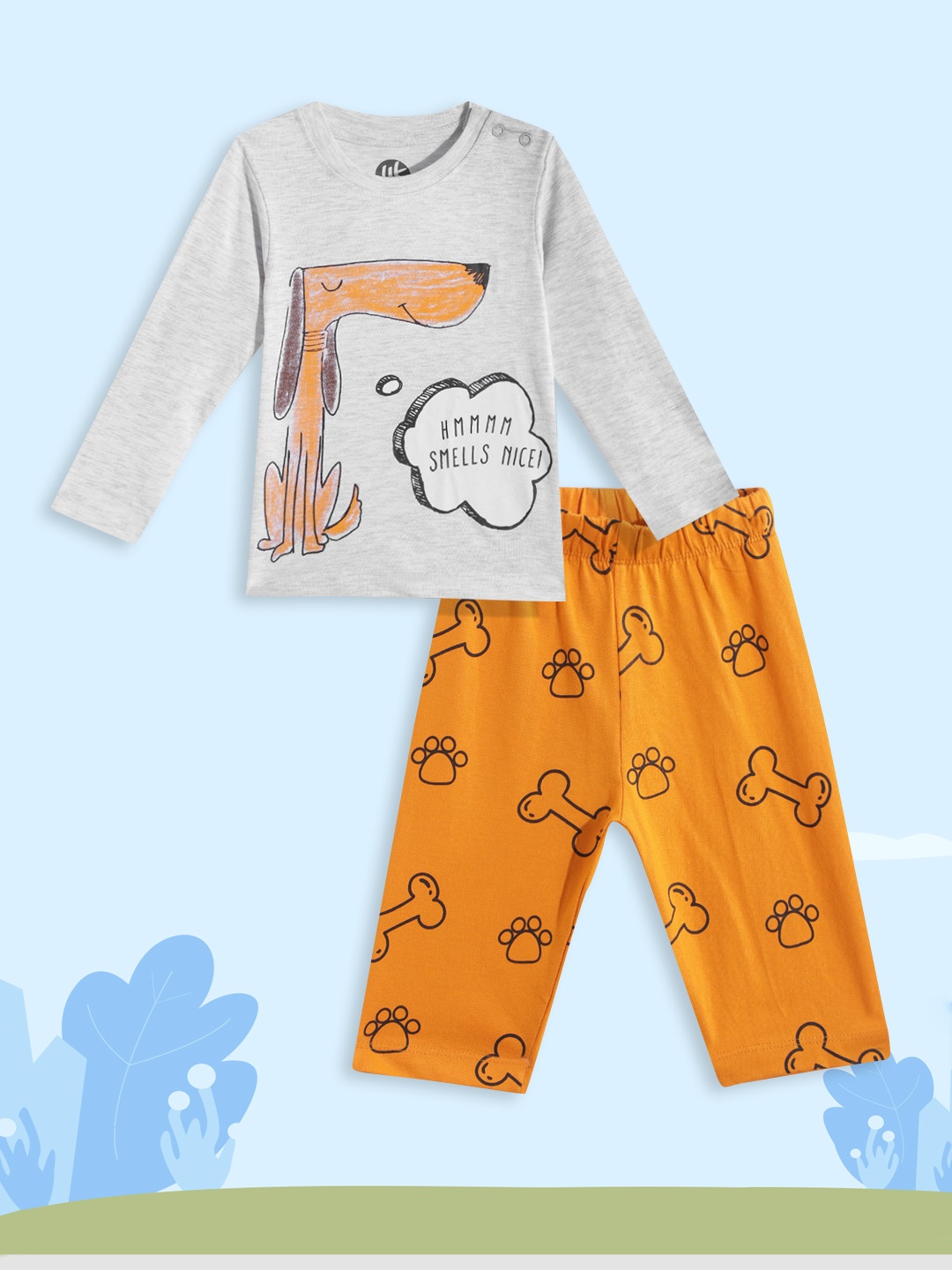 

YK Infant Boys Grey Melange & Orange Printed Pure Cotton T-shirt with Trousers