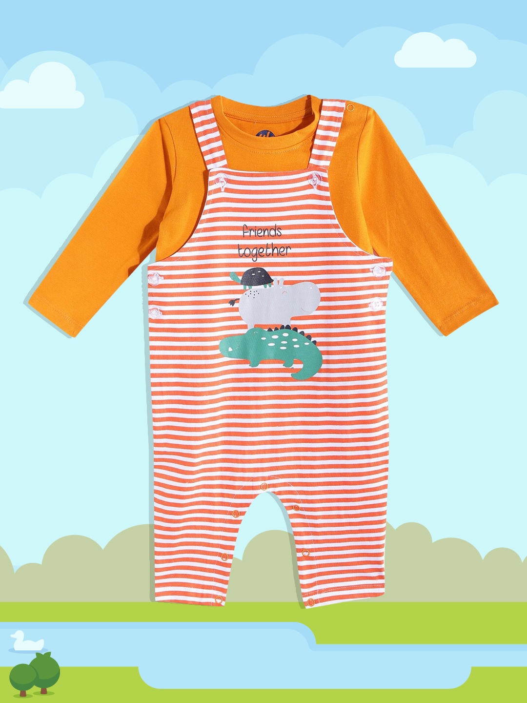 

YK Boys Coral & White Striped Dungaree with T-shirt