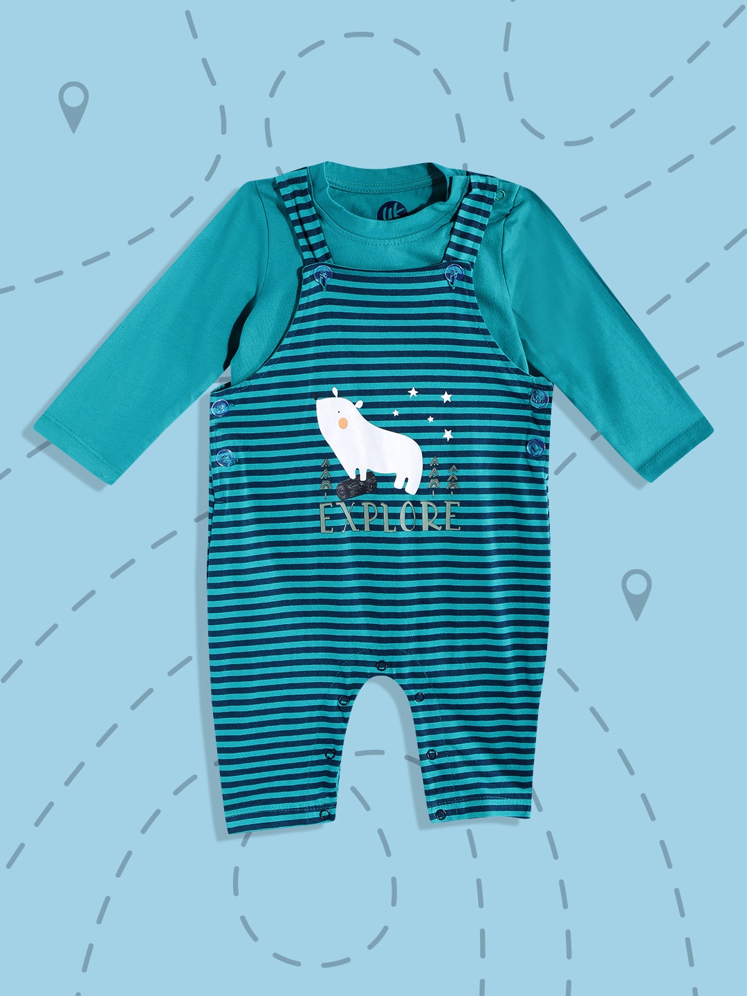 

YK Infant Boys Teal Green & Navy Blue Striped Pure Cotton Rompers with T-shirt