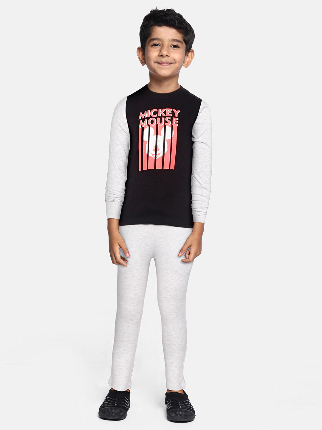 

YK Boys Black & Grey Melange Mickey Mouse Print T-shirt with Trousers