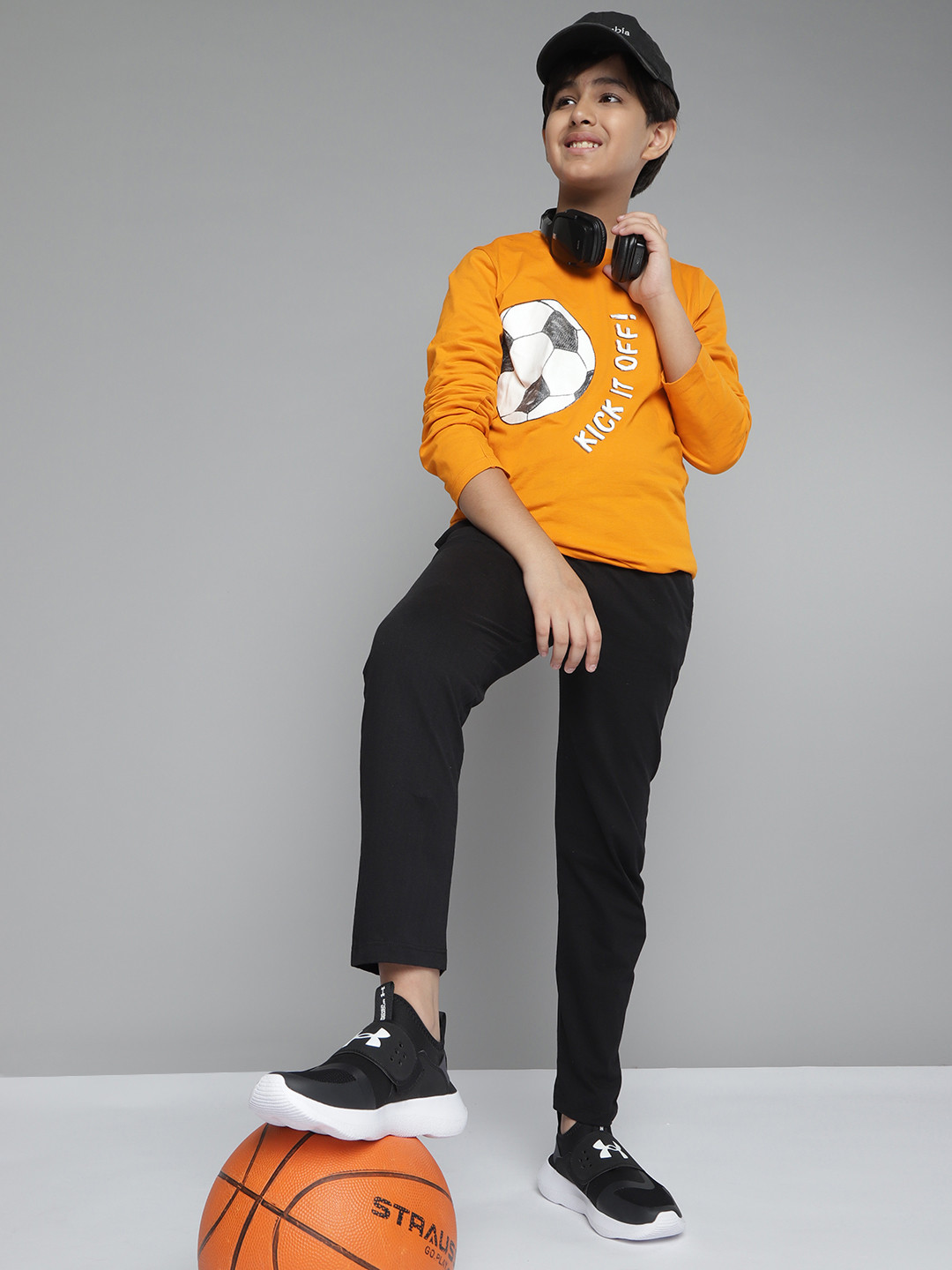 

YK Boys Orange & Black Printed Cotton T-shirt with Trousers