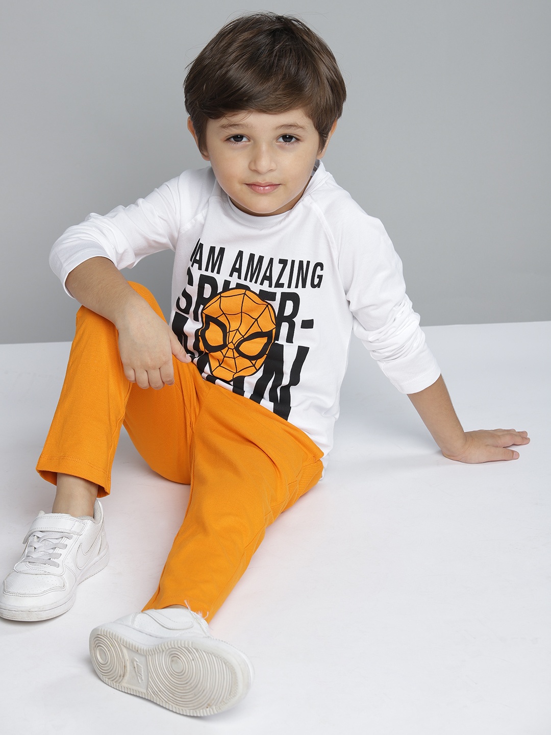

YK Boys White & Orange Pure Cotton Spider Man Print T-shirt with Solid Pyjamas