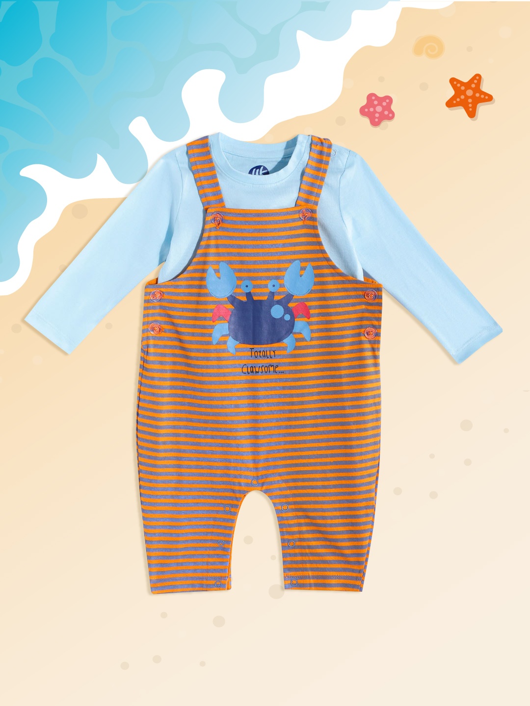 

YK Infant Boys Orange & Blue Striped Pure Cotton Rompers with T-shirt