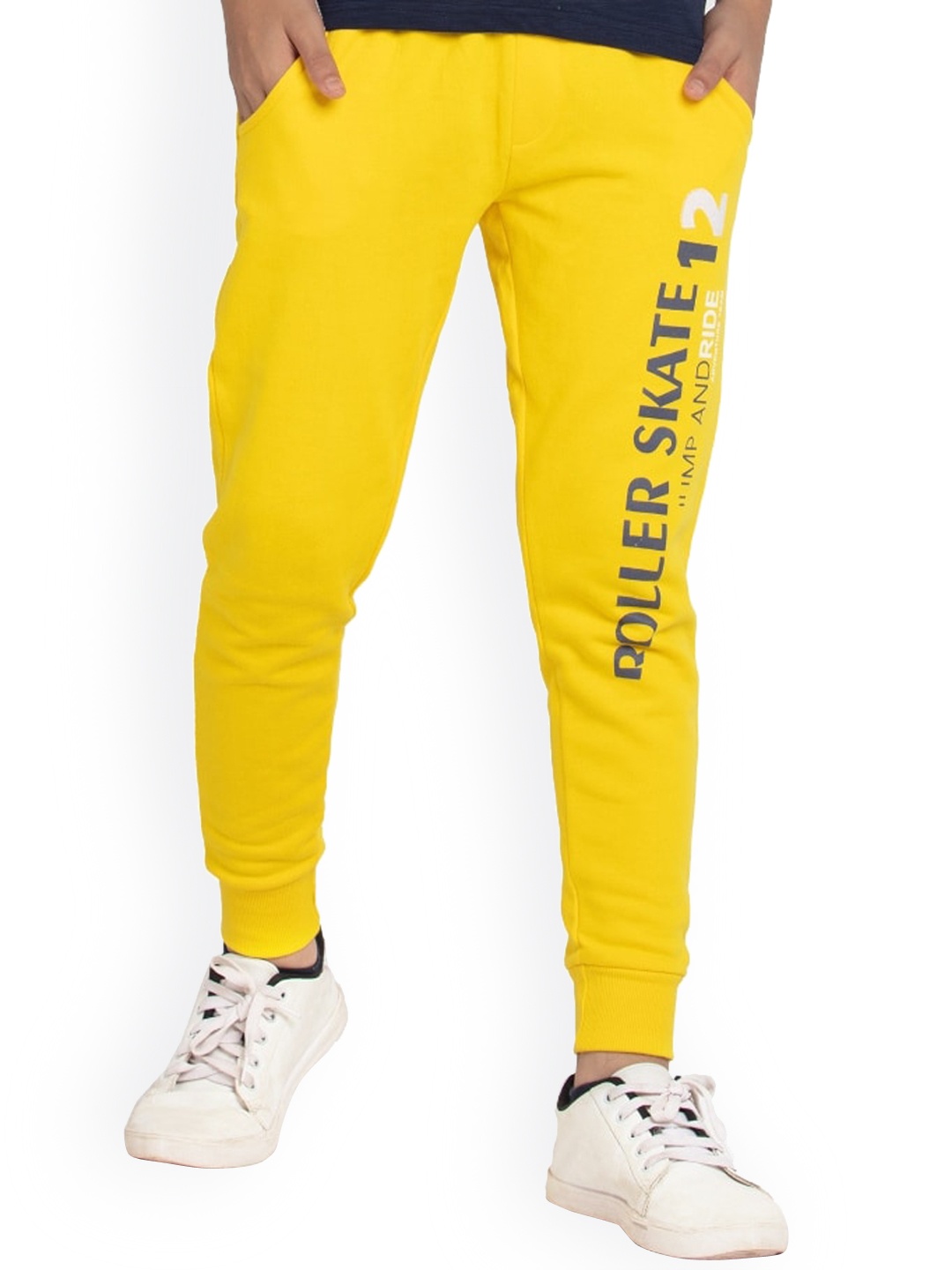 

UNDER FOURTEEN ONLY Boys Yellow & Grey Printed Slim Fit Cotton Joggers