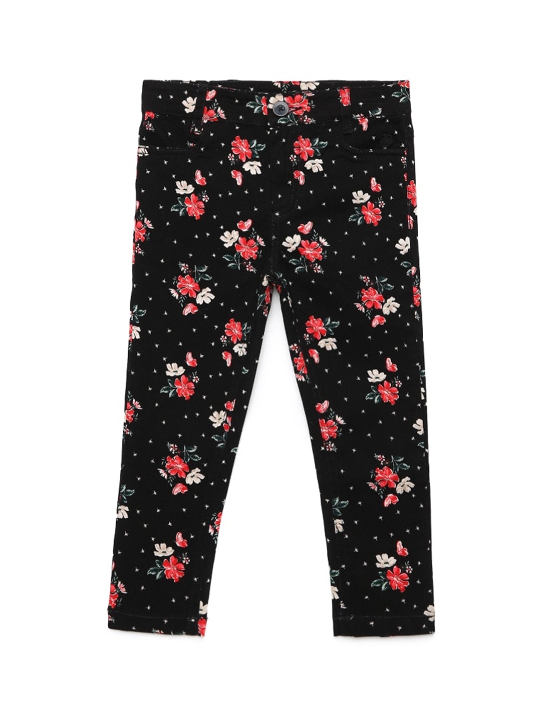 

UNDER FOURTEEN ONLY Girls Black Floral Printed Slim Fit Trousers