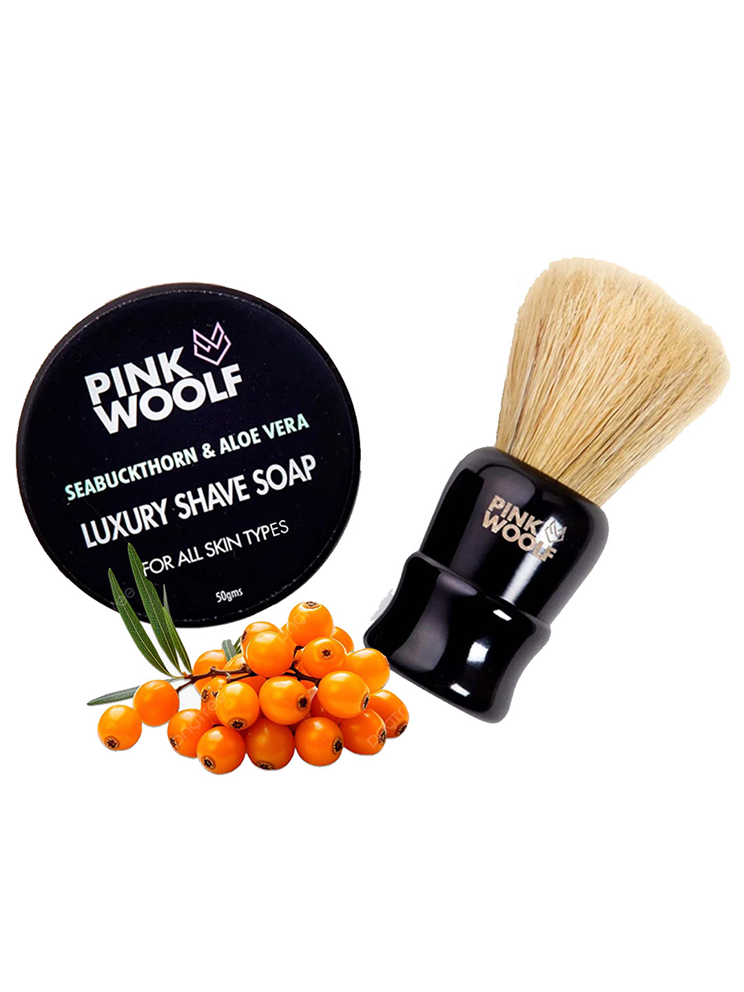 

PINK WOOLF Pack of Boar Hair Bristles Shaving Brush & Seabuckthorn-Aloe Vera Shave Soap, Multi