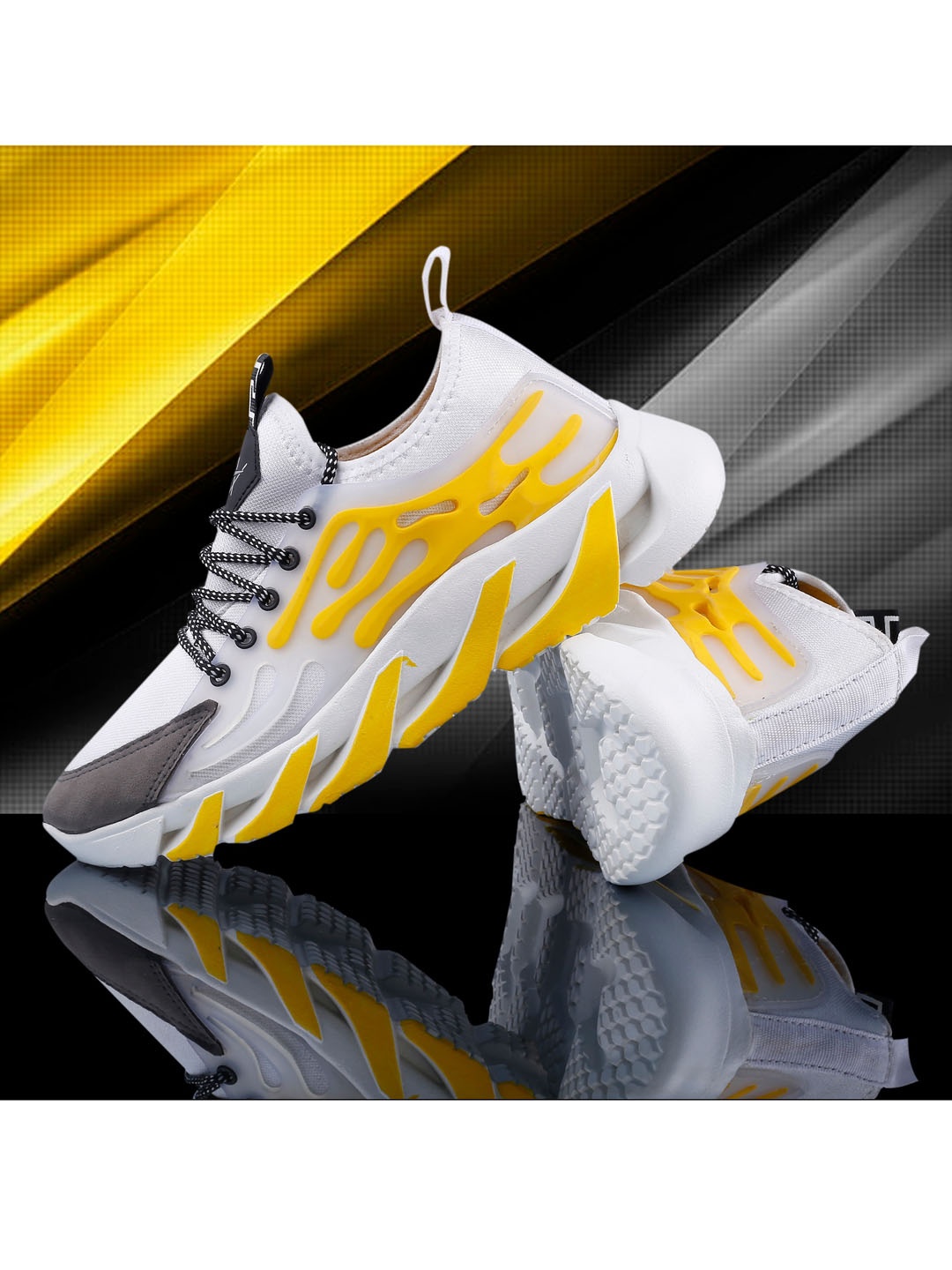 

Woakers Men White & Yellow Colourblocked Sneakers