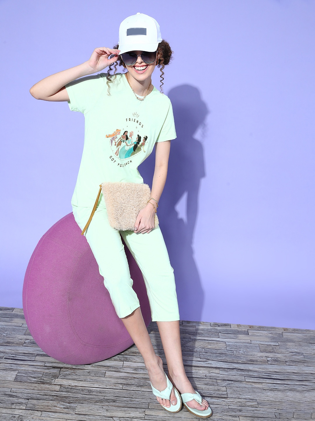 

Kook N Keech Disney Women Sea Green & Black Printed T-shirt with Pyjamas