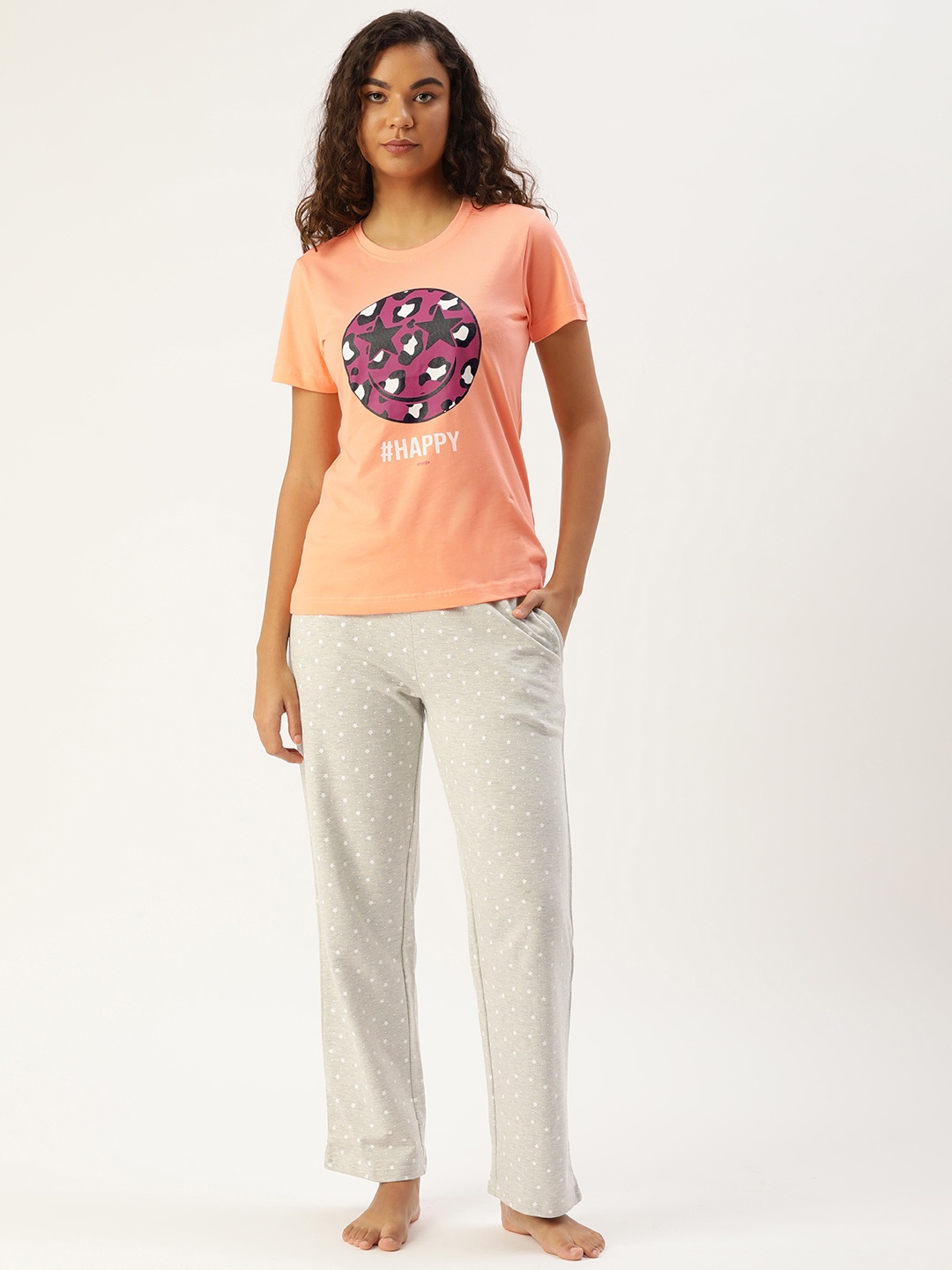 

Kook N Keech Emoji Women Peach-Coloured & Grey Printed Pure Cotton Co-ords