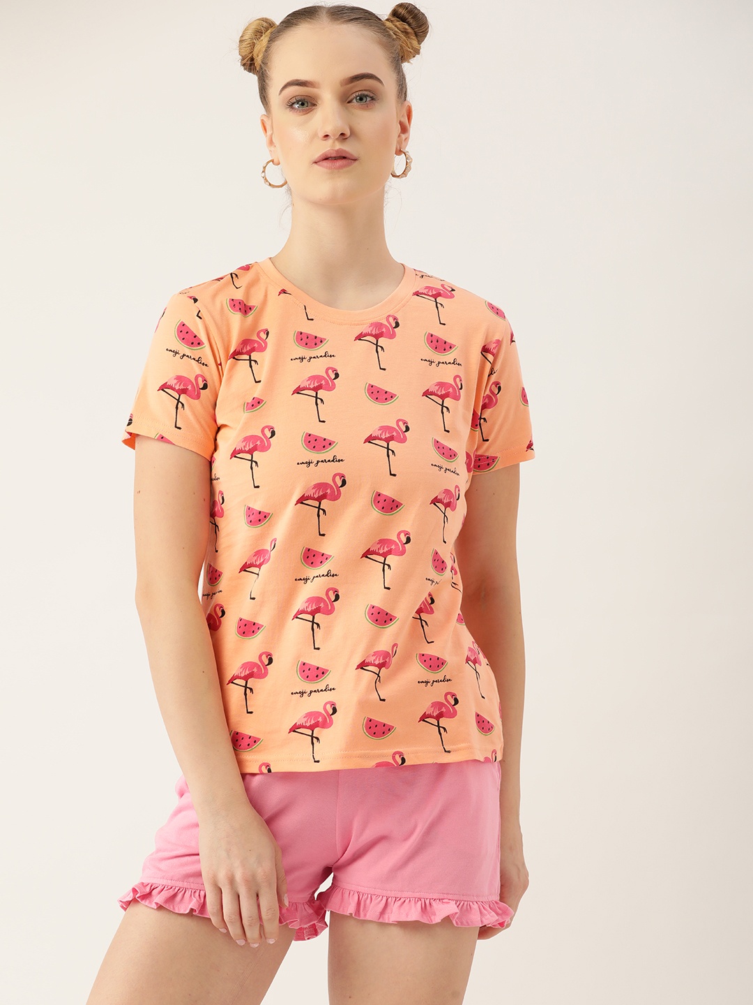 

Kook N Keech Emoji Women Peach-Coloured & Pink Pure Cotton Printed T-shirt & Shorts