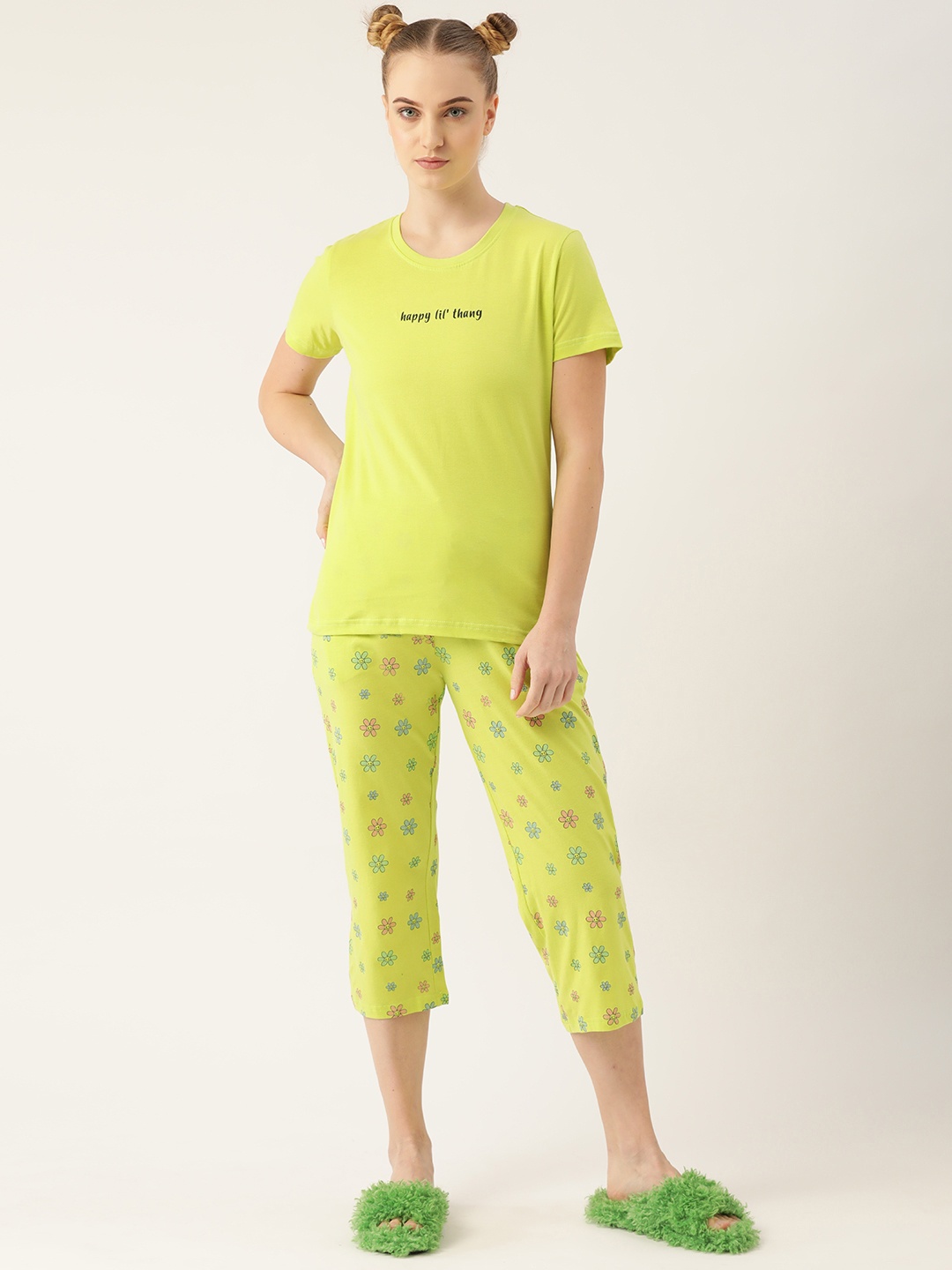 

Kook N Keech Emoji Women Lime Green Pure Cotton Printed T-shirt & Capris Set