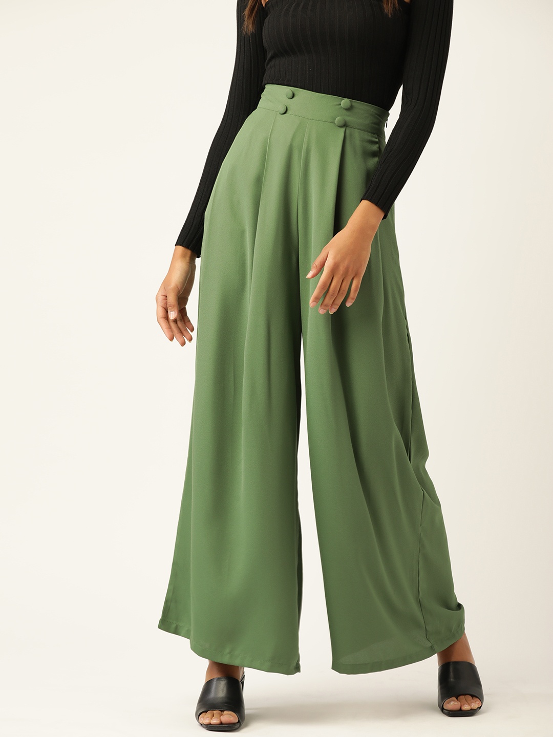 

DressBerry Women Green Solid Flared High-Rise Pleated Trousers