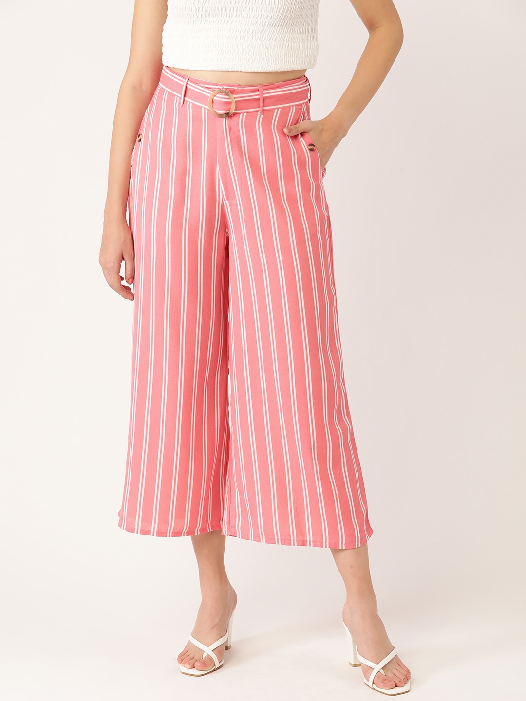 

DressBerry Women Pink & White Striped High-Rise Cropped Culottes with Belt