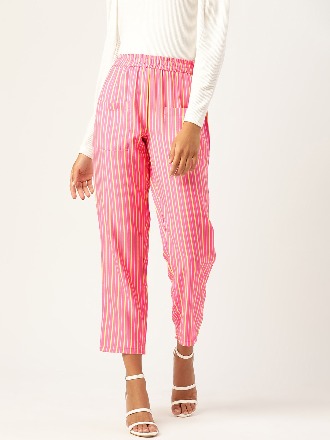 

DressBerry Women Pink & Yellow Striped Regular Fit Cropped Trousers