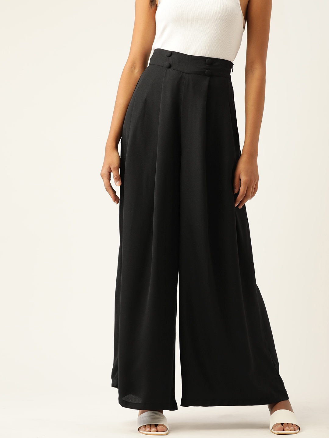 

DressBerry Women Black Solid Flared High-Rise Pleated Trousers