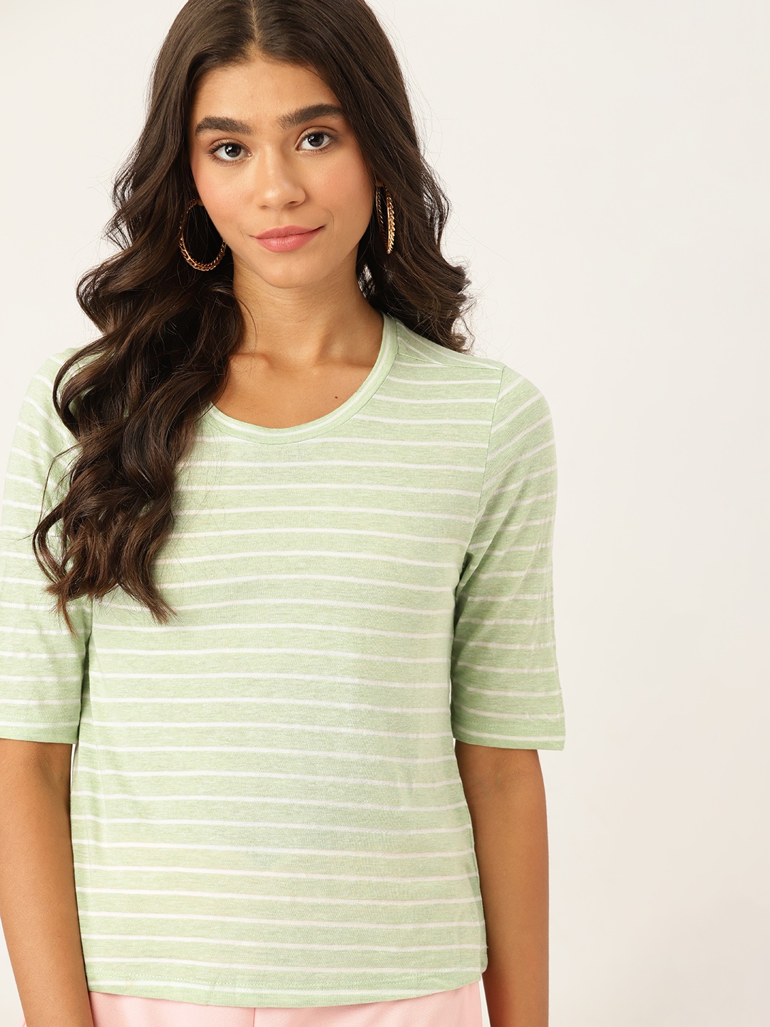 

DressBerry Women Green & White Striped T-shirt