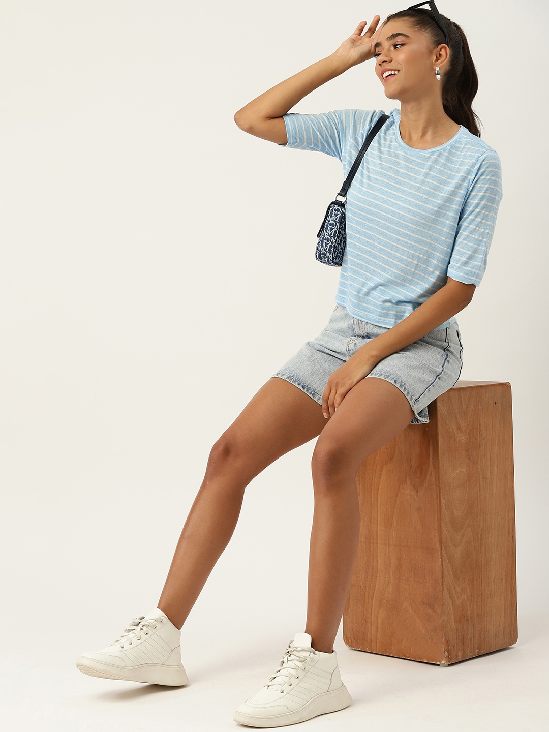 

DressBerry Women Blue & White Striped Knitted T-shirt