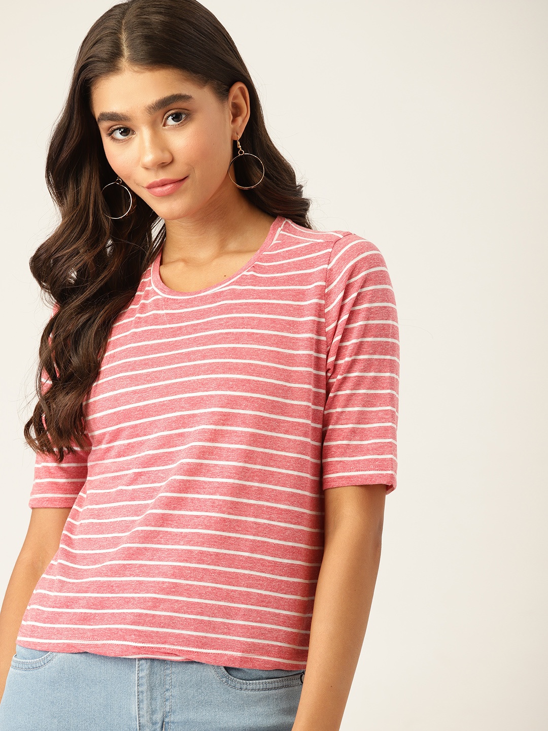 

DressBerry Women Coral Pink & White Striped T-shirt