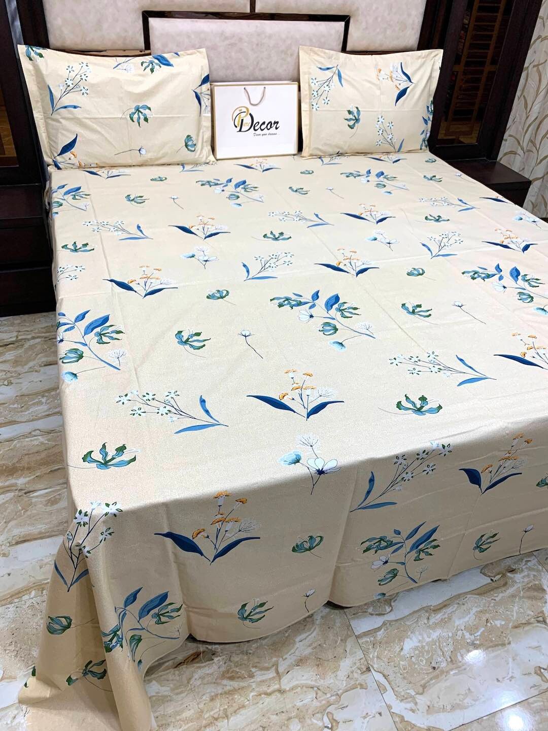

Pure Decor Beige & Blue Floral 400 TC King Bedsheet with 2 Pillow Covers