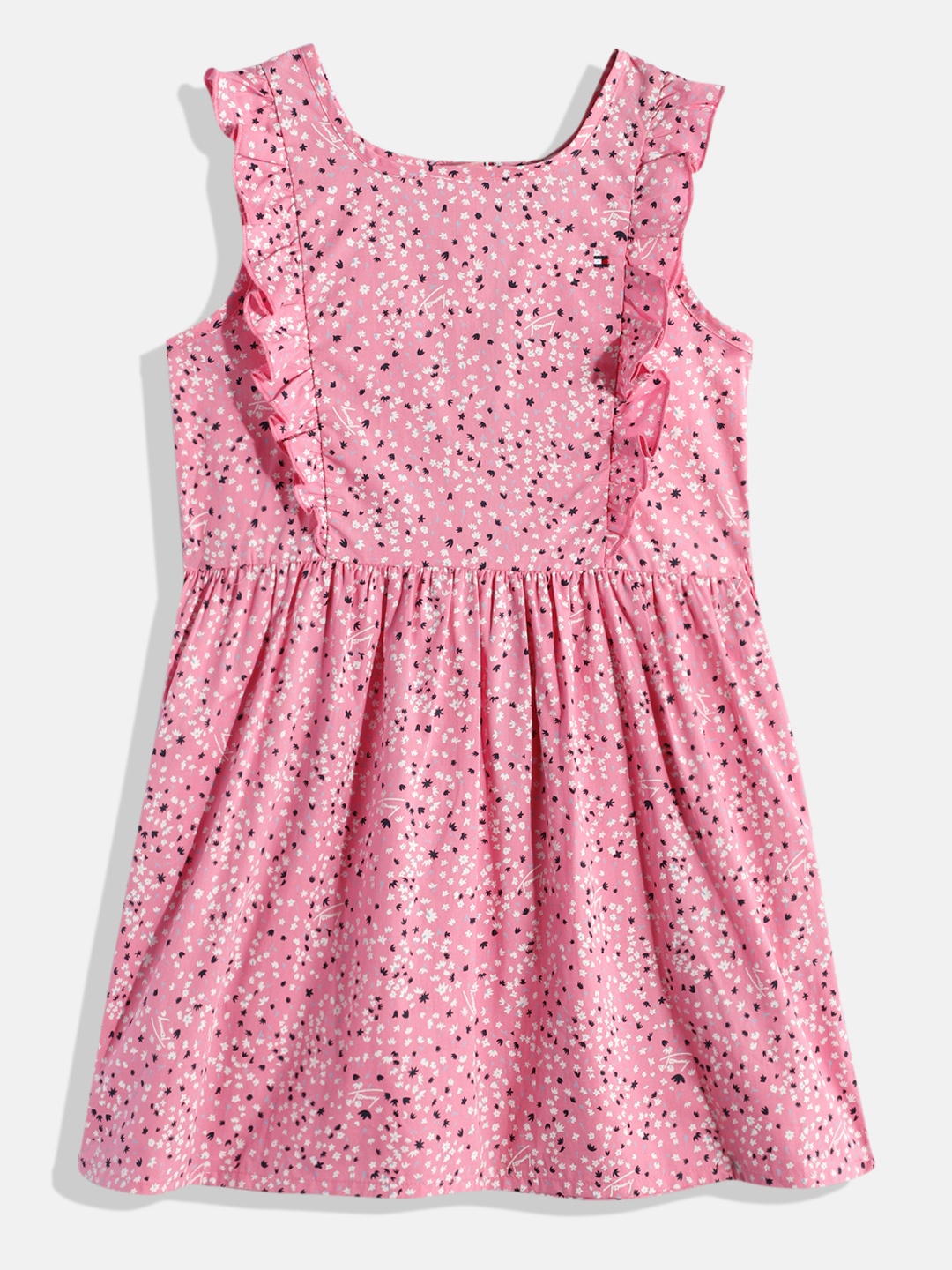 

Tommy Hilfiger Floral Print Gathered Or Pleated Ruffles Organic Cotton Fit & Flare Dress, Pink