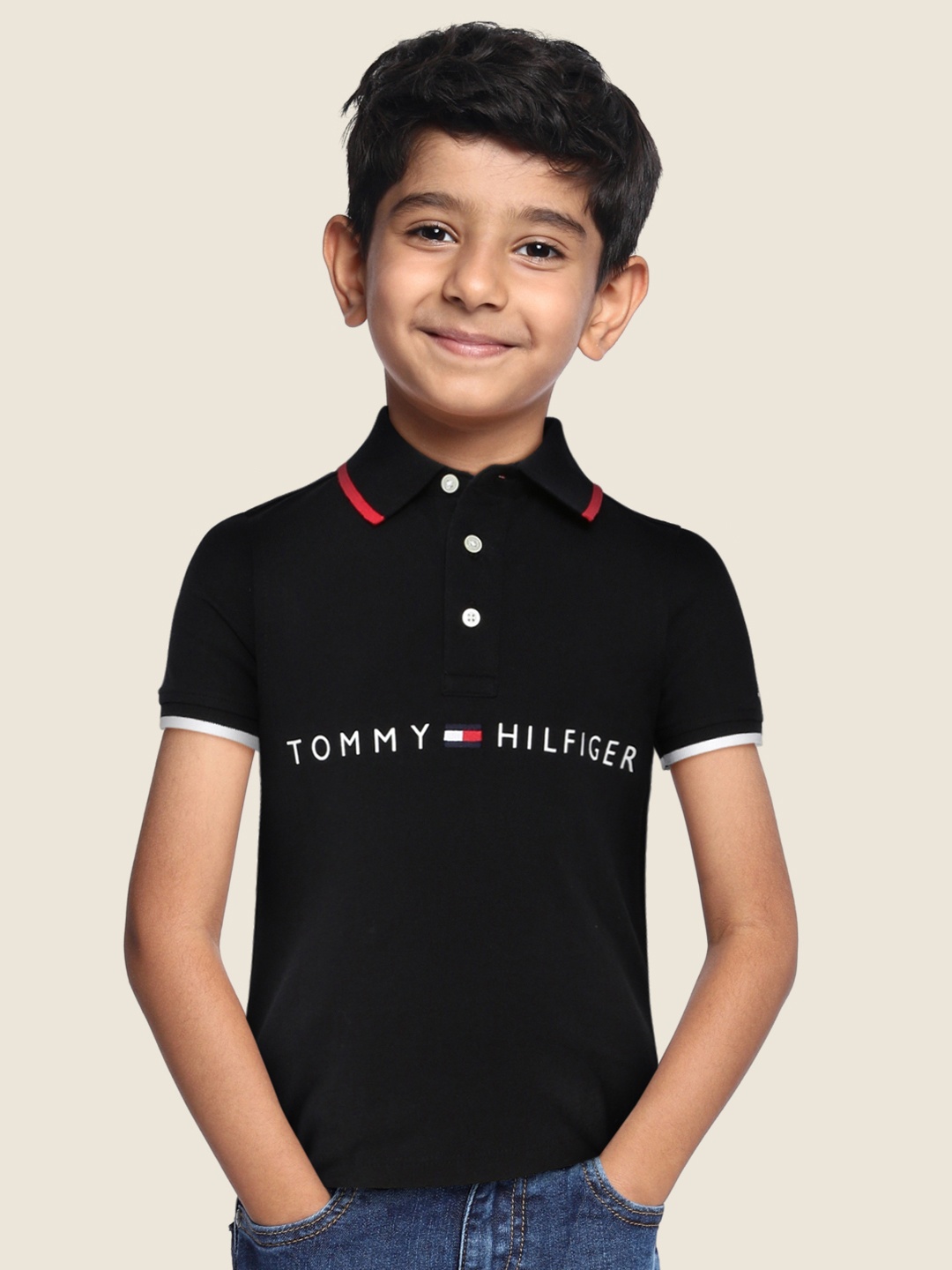 

Tommy Hilfiger Boys Black Brand Logo Printed Polo Collar Pure Cotton T-shirt