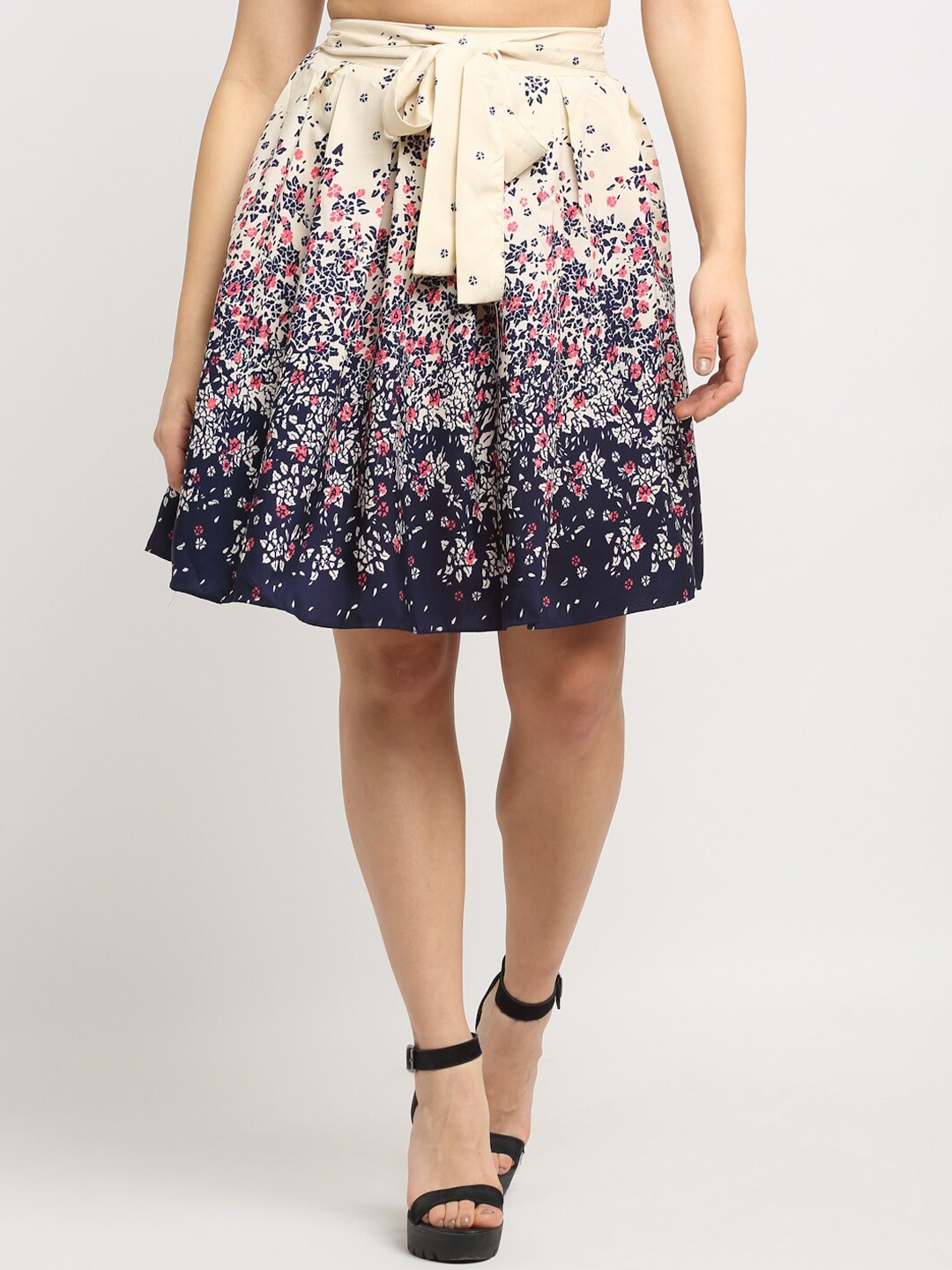 

emeros Light Pink & Navy Blue Floral Printed Pleated Flared Skirt