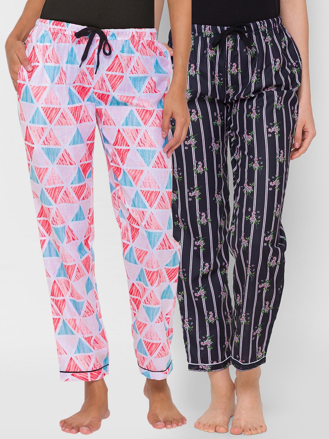 

FashionRack Women Pack of 2 Pink & Black Cotton Printed Lounge Pants, Red