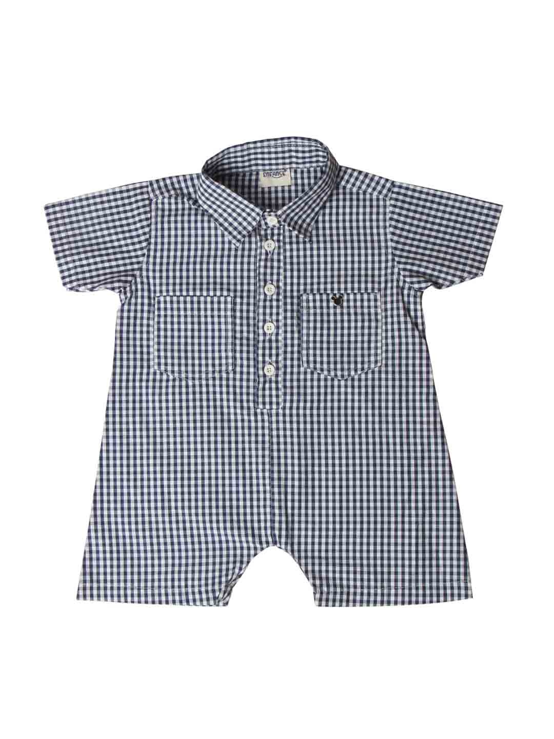 

Enfance Infant Girls Navy Blue & White Checks Printed Rompers