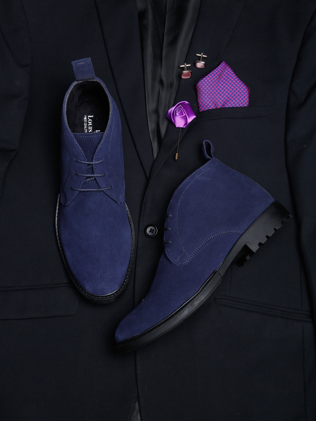 

LOUIS STITCH Men Navy Blue Suede Flat Boots