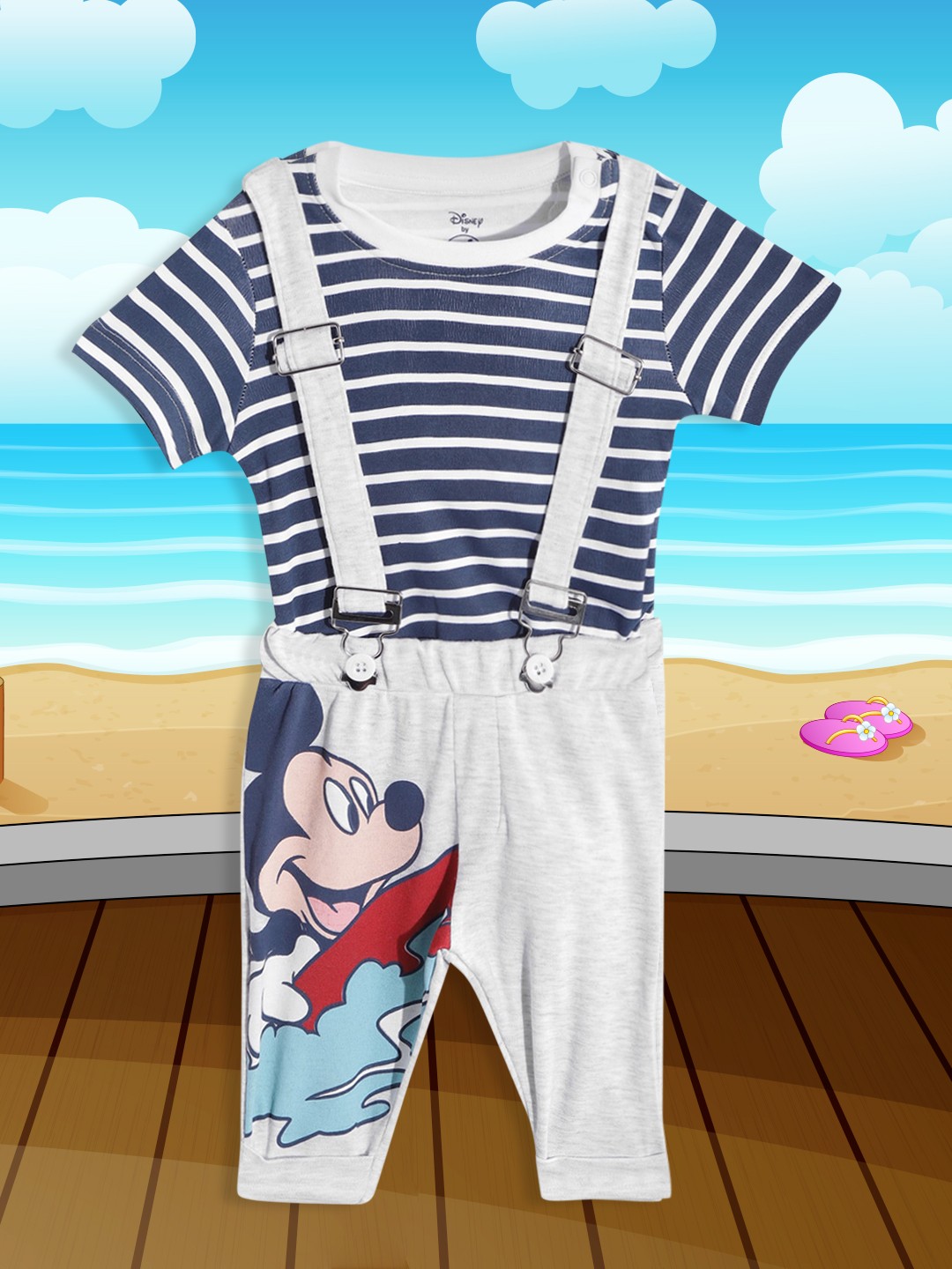 

YK Disney Boys Navy Blue & Grey Pure Cotton Striped T-shirt with Suspenders Pyjamas