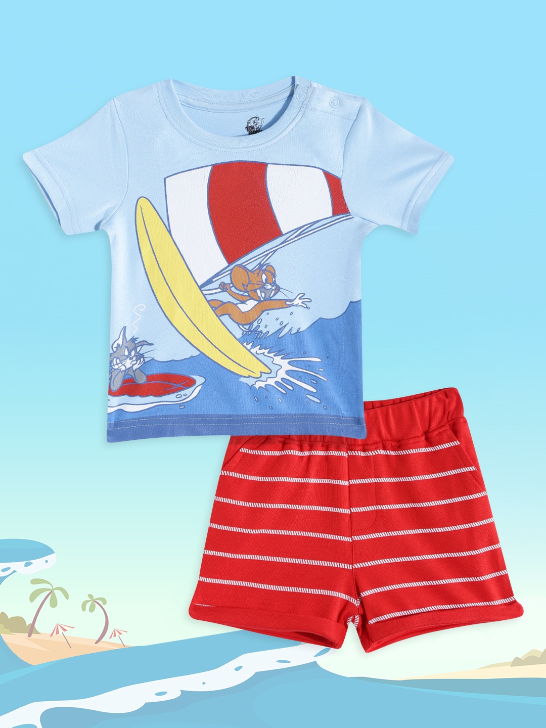 

YK Warner Bros Boys Blue & Red Tom & Jerry Print Pure Cotton T-shirt with Shorts