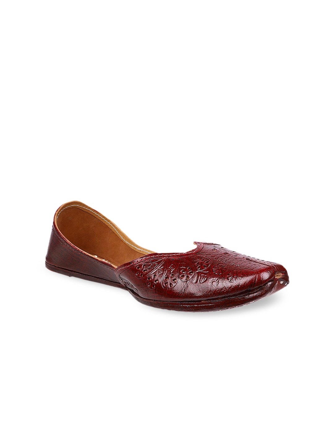 

Ta Chic Women Maroon Textured Leather Ethnic Mojaris with Laser Cuts Flats