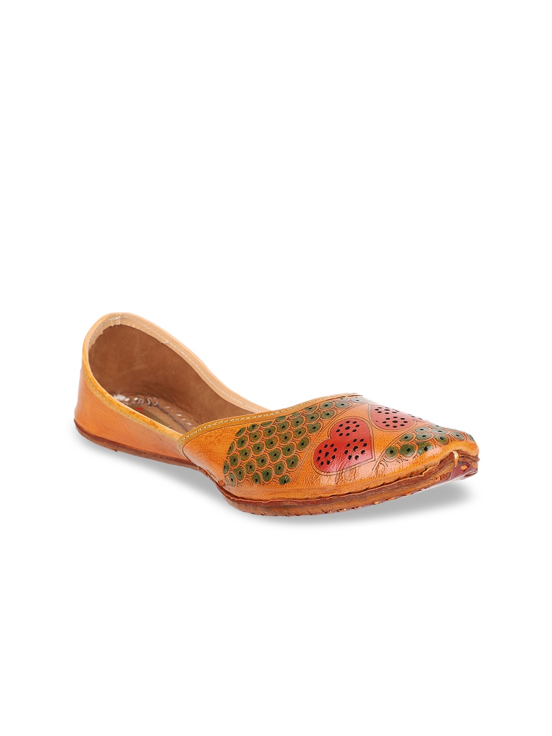 

Ta Chic Women Tan Printed Leather Ethnic Mojaris with Laser Cuts Flats